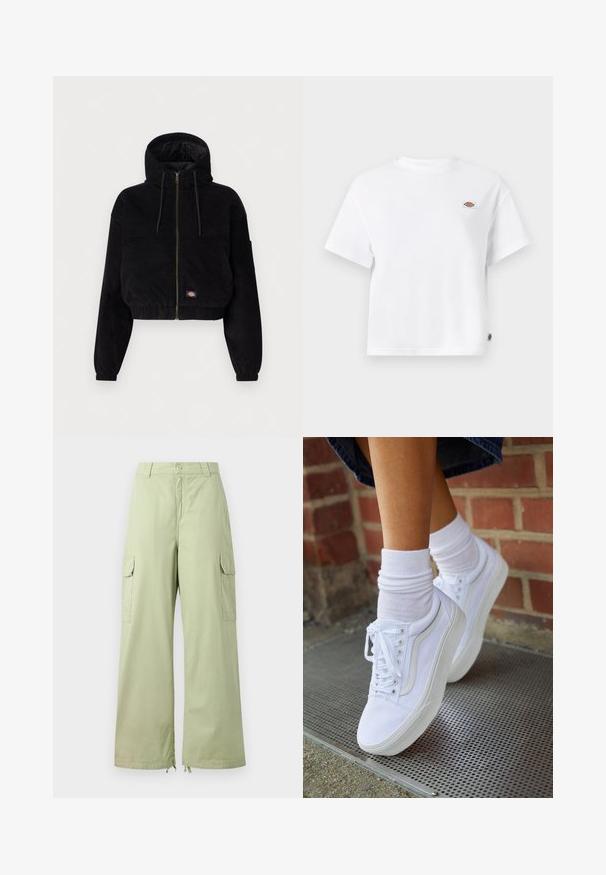 Čierna skrátená bunda vyrobená z kordu, s kapucňou, predným zipsom a elastickými manžetami. Obsahuje vyšívané logo.; Biele bavlnené tričko s uvoľneným strihom, ktoré má malé logo na hrudi a štítok na boku pre dodatočný detail.; Svetlozelené cargo nohavice s širokými nohavicami, vyrobené z bavlny. Obsahujú dve bočné vrecká a zapínanie na gombík. Hladká textúra a voľný design.; Biele plátené tenisky s gumovou podrážkou, s piatimi dierkami na šnúrky, okrúhlou špičkou a svetlými švami, doplnené o biele členkové ponožky.