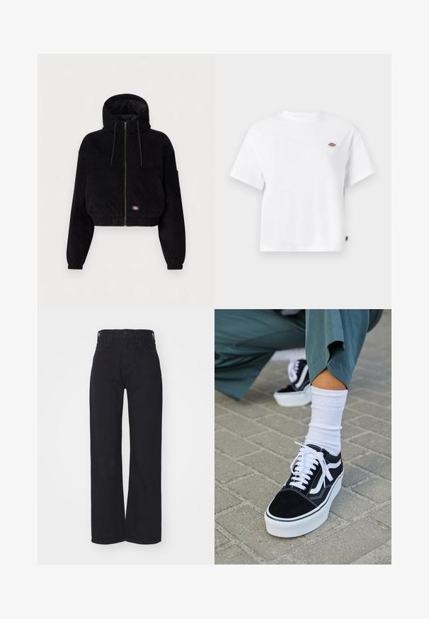 Schwarze, cropped Jacke aus Cordstoff, mit Kapuze, durchgehendem Reißverschluss und elastischen Bündchen. Beinhaltet ein gesticktes Logodetail.; Weißes Baumwoll-T-Shirt mit einem lockeren Schnitt, das ein kleines Logopatch auf der Brust und ein Etikett an der Seite für zusätzliche Details aufweist.; Schwarze hochgeschnittene weite Jeans mit Knopf- und Reißverschluss vorne, Gürtelschlaufen und zwei Vordertaschen auf weißem Hintergrund.; Schwarze Wildledersneaker mit weißen Akzenten und Schnürsenkeln, ausgestattet mit einer dicken weißen Sohle und kontrastierenden Nähten, kombiniert mit einer weißen Socke.