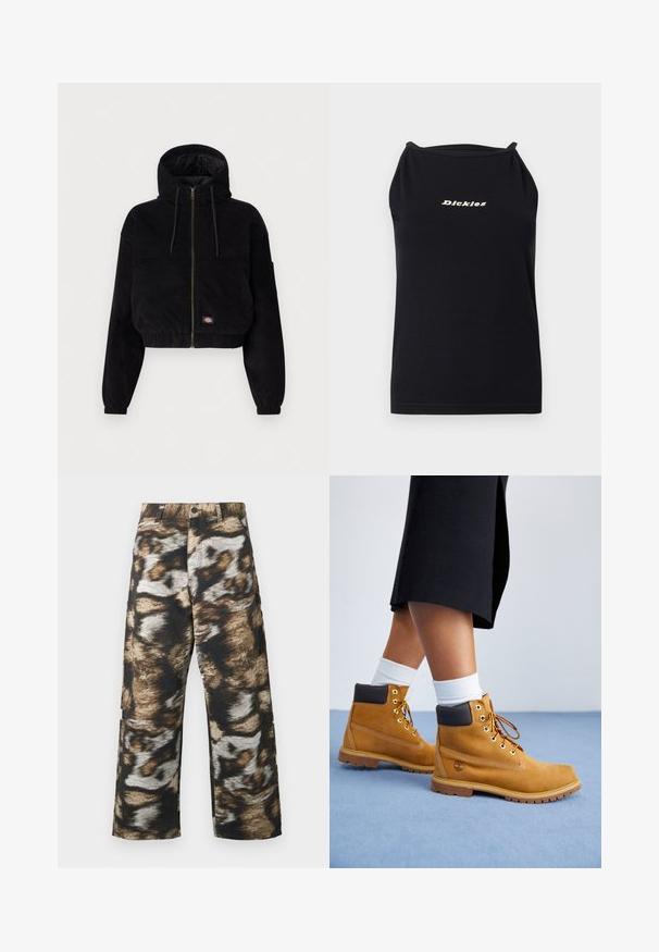 Sort cropped jakke lavet af corduroy stof, med hætte, lynlås foran og elastiske manchetter. Inkluderer en broderet logo detalje.; Sort ærmeløs haltertop med smalle stropper og "Dickies" trykt i beige centralt på brystet mod en ensfarvet lys baggrund.; Viddebenede bukser med et fedt, abstrakt mønster i sort, brun og creme. Fremstillet af tekstureret stof med høj talje.; Tan ruskindsankelstøvler med brune læderdetaljer, guldøjer og en struktureret sål. Hvide sokker synlige over støvlerne.