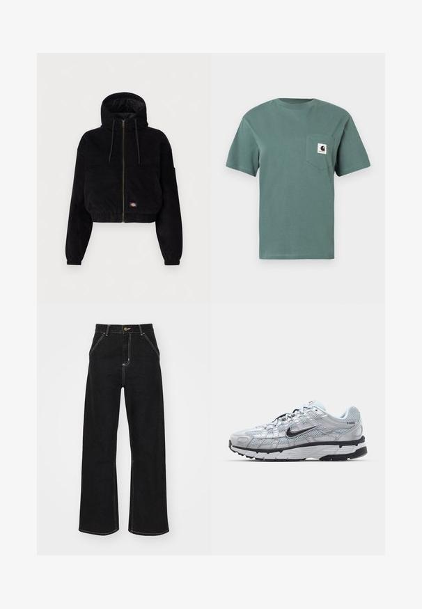 Schwarze, cropped Jacke aus Cordstoff, mit Kapuze, durchgehendem Reißverschluss und elastischen Bündchen. Beinhaltet ein gesticktes Logodetail.; Grünes, kurzärmliches T-Shirt aus Baumwolle mit einer Tasche auf der linken Brust, die mit einem Logo-Patch versehen ist. Einfaches, klassisches Design ohne Muster.; Schwarze Jeans mit weitem Bein aus Denim. Verfügt über kontrastierende weiße Nähte, Vordertaschen und einen Knopfverschluss in der Taille.; Nike P-6000 Sneakers mit einem Obermaterial aus leichtem grauem Mesh, schwarzen Akzenten und einer langlebigen schwarzen Gummisohle. Verfügt über ein komplexes Design und ein Schnürsystem.