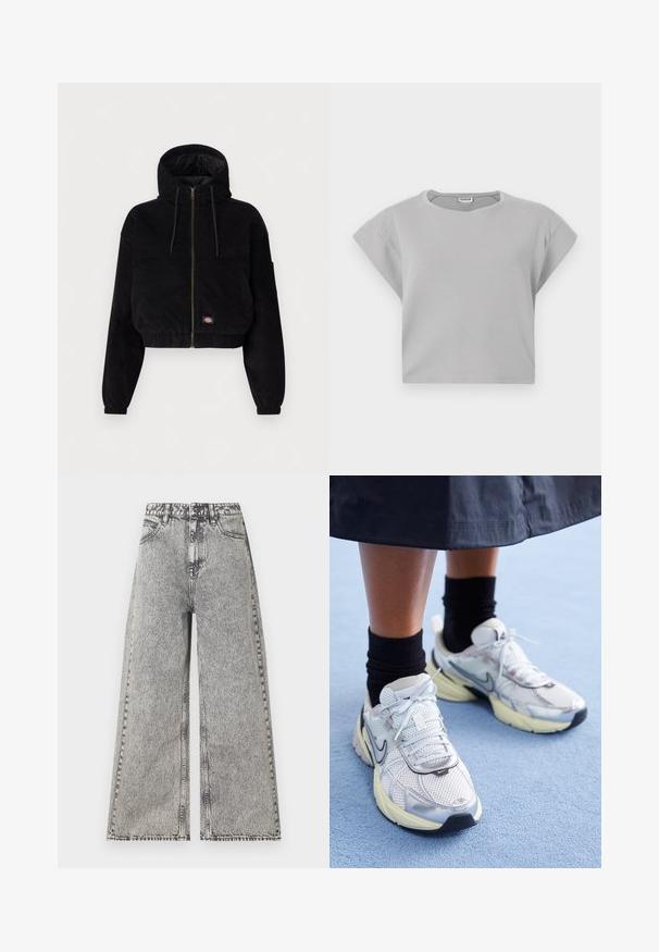 Sort cropped jakke lavet af corduroy stof, med hætte, lynlås foran og elastiske manchetter. Inkluderer en broderet logo detalje.; Lys grå cropped sweatshirt med korte, rullede ærmer, rund halslinje og subtile sømdetaljer. Fremstillet af blødt, åndbart stof.; Vidde jeans i falmet sort denim med høj talje, klassisk fem-lomme design og synlige syninger.; Hvide og sølv Nike sneakers med mesh-stof, reflekterende detaljer og en beige sål. Bæres med sorte sokker og står på en blå overflade.