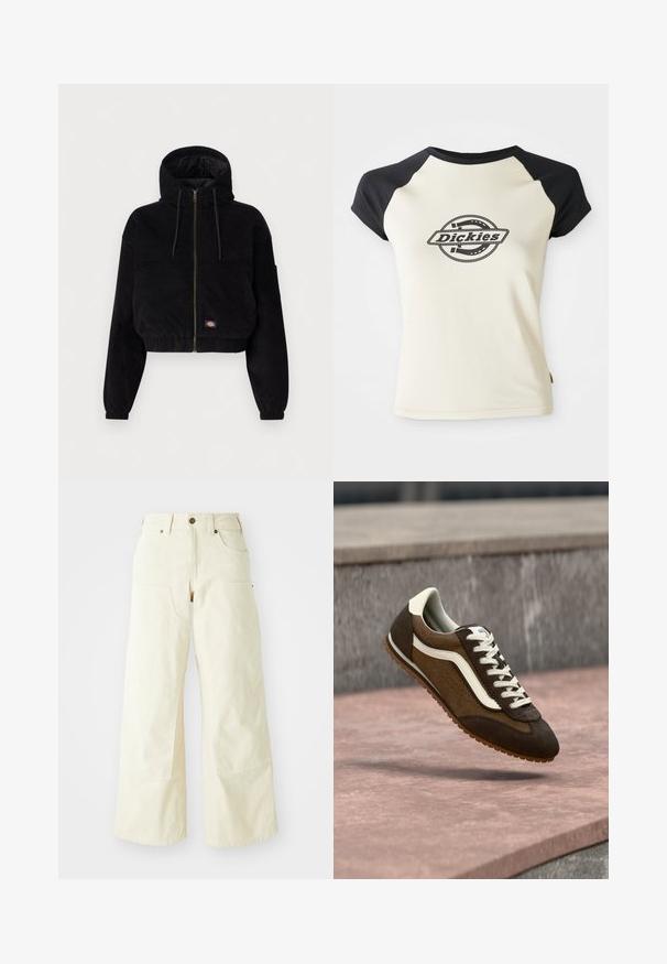 Sort cropped jakke lavet af corduroy stof, med hætte, lynlås foran og elastiske manchetter. Inkluderer en broderet logo detalje.; Creme t-shirt med sorte raglan ærmer, der har et cirkulært logo med teksten "Dickies" i midten, sat mod en hvid baggrund.; Beige brede bukser i bomuld med høj talje, store forlommer og en glat overflade med minimal syning.; Brun og mørkebrun ruskindssneaker med hvid stribe og snørebånd, svævende over en lyserød stensurface og grå baggrund.
