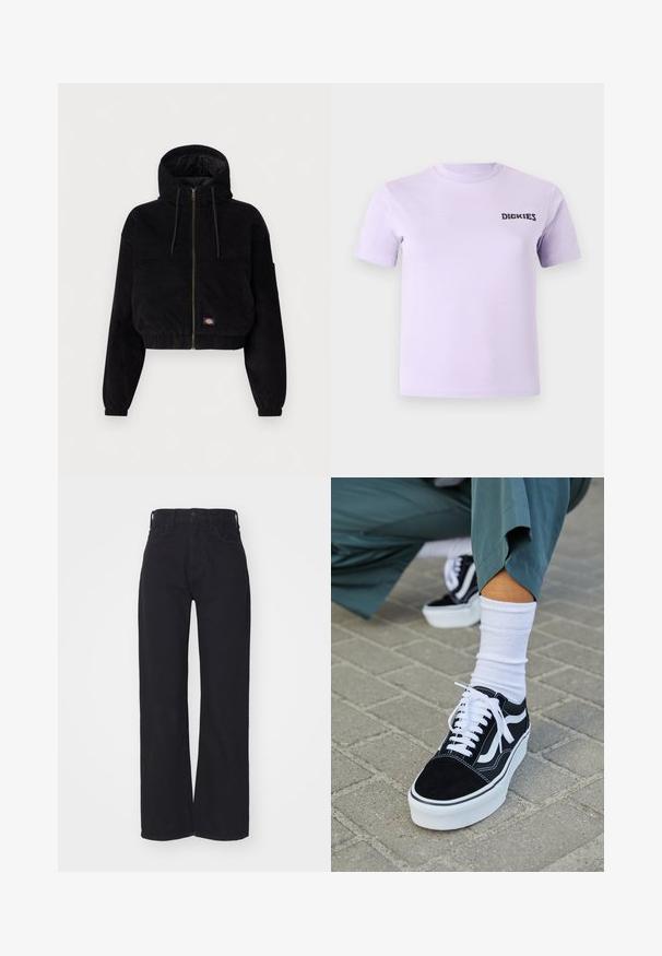Chaqueta corta negra de tejido de pana, con capucha, cierre frontal de cremallera y puños elásticos. Incluye un detalle de logotipo bordado.; Camiseta de algodón lavanda con mangas cortas y cuello redondo. Presenta un logo negro de "DICKIES" en el pecho. Textura suave.; Vaqueros amplios de talle alto en negro, con cierre frontal de botón y cremallera, trabillas para cinturón y dos bolsillos frontales, sobre un fondo blanco.; Zapatillas de ante negro con acentos y cordones blancos, que cuentan con una gruesa suela blanca y costuras en contraste, combinadas con un calcetín blanco.