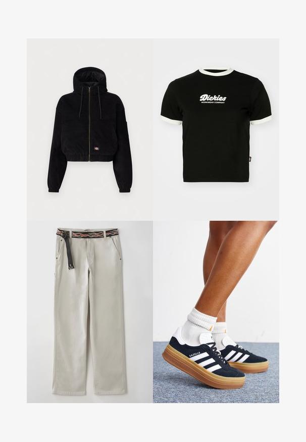 Schwarze, cropped Jacke aus Cordstoff, mit Kapuze, durchgehendem Reißverschluss und elastischen Bündchen. Beinhaltet ein gesticktes Logodetail.; Schwarzes Baumwoll-T-Shirt mit weißem geripptem Kragen und Ärmelsäumen. Mit vorderem weißen Logotext: "Dickies Workwear Company." Kurzärmlig.; Hellgraue weit geschnittene Hose mit einem schwarzen Gürtel, der orangefarbene Flammenmuster aufweist. Aus Baumwolle gefertigt, mit seitlichen Taschen und einer entspannten Silhouette.; Beine mit weißen Socken und schwarzen Adidas Gazelle Sneakers mit weißen Streifen und dicken braunen Sohlen auf einem grauen Teppichboden.
