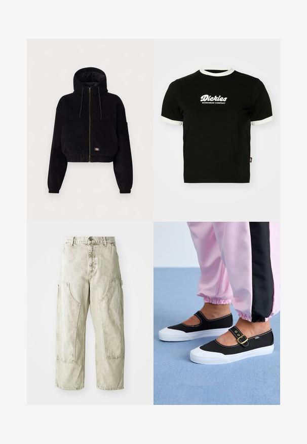 Sort cropped jakke lavet af corduroy stof, med hætte, lynlås foran og elastiske manchetter. Inkluderer en broderet logo detalje.; Sort bomulds t-shirt med hvid ribbet halsudskæring og ærmekanter. Har hvidt logo-tekst på forsiden: "Dickies Workwear Company." Korte ærmer.; Lys grønne capribukser i cargo-stil lavet af denim, med store sidelommer, knap- og lynlåslukning samt synlige syninger.; Sorte lærredssko med en hvid sål, der har et udskæringsdesign og et guldspænde. Bæret med lyserøde træningsbukser.