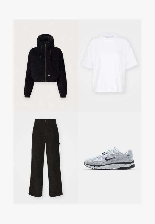 Schwarze, cropped Jacke aus Cordstoff, mit Kapuze, durchgehendem Reißverschluss und elastischen Bündchen. Beinhaltet ein gesticktes Logodetail.; Weißes Baumwoll-T-Shirt mit Rundhalsausschnitt, kurzen Ärmeln und lockerer Passform. Verfügt über ein dezentes Logo auf der linken Brustseite. Glatte Textur.; Schwarze Cordhosen mit geradem Schnitt, ausgestattet mit einem Knopfverschluss und einer Seitenlasche. Glatte Textur mit feinen verticalen Streifen.; Nike P-6000 Sneakers mit einem Obermaterial aus leichtem grauem Mesh, schwarzen Akzenten und einer langlebigen schwarzen Gummisohle. Verfügt über ein komplexes Design und ein Schnürsystem.
