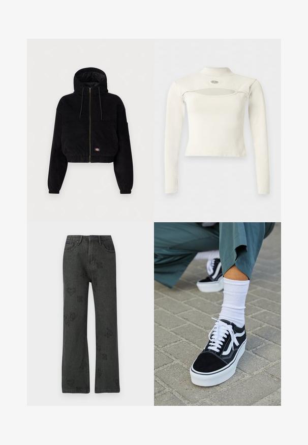 Čierna skrátená bunda vyrobená z kordu, s kapucňou, predným zipsom a elastickými manžetami. Obsahuje vyšívané logo.; Biely crop top s dlhým rukávom, stojatým golierom a horizontálnym výrezom pod golierom s malým kruhovým logom nad ním.; Čierne široké nohavice z denimu s vyblednutými kvetinovými, srdcovými a motýľovými potlačami, s predným zapínaním na gombík a so štyrmi vreckami.; Čierne semišové tenisky s bielymi akcentmi a šnúrkami, s hrubou bielou podrážkou a kontrastným prešívaním, doplnené o bielu ponožku.