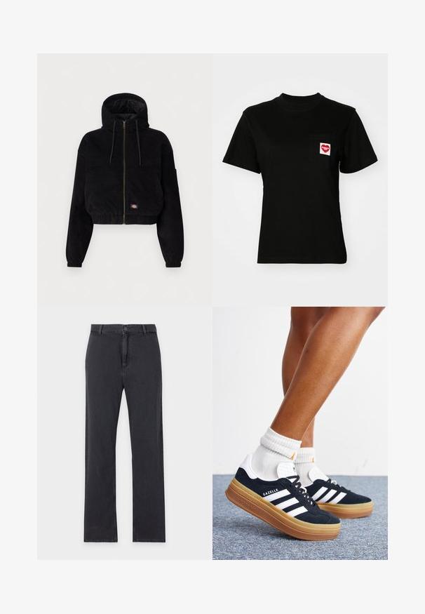 Schwarze, cropped Jacke aus Cordstoff, mit Kapuze, durchgehendem Reißverschluss und elastischen Bündchen. Beinhaltet ein gesticktes Logodetail.; Schwarzes Baumwoll-T-Shirt mit Rundhalsausschnitt und kurzen Ärmeln. Verfügt über eine Brusttasche mit einem roten Herz-Logo und weißem Text.; Schwarze Jeans mit geradem Bein, vorderem Knopf- und Reißverschluss, Gürtelschlaufen und klassischem Fünf-Taschen-Design, flach auf weißem Hintergrund liegend.; Beine mit weißen Socken und schwarzen Adidas Gazelle Sneakers mit weißen Streifen und dicken braunen Sohlen auf einem grauen Teppichboden.