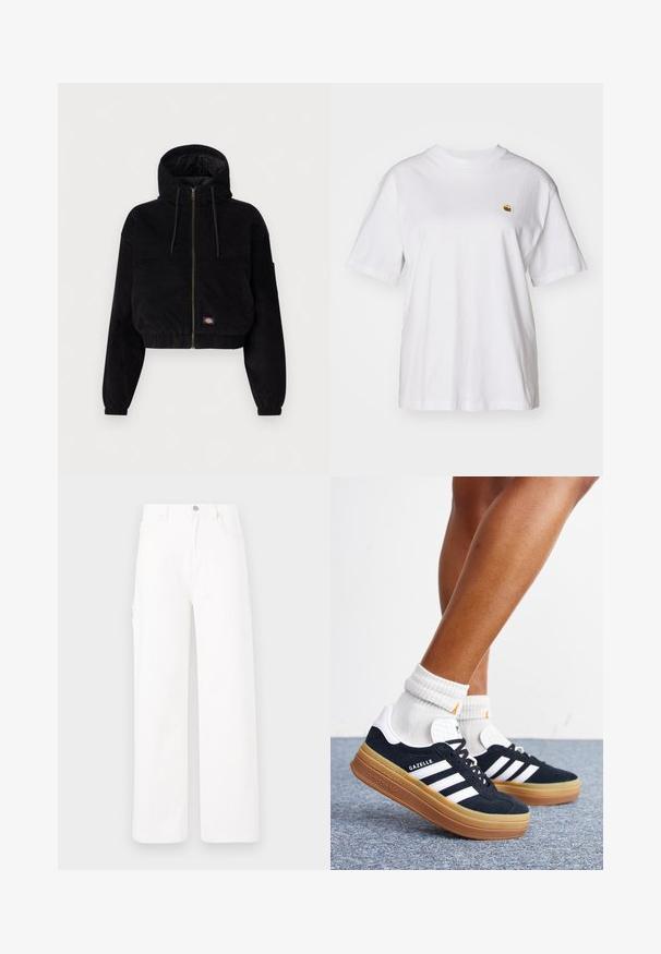 Schwarze, cropped Jacke aus Cordstoff, mit Kapuze, durchgehendem Reißverschluss und elastischen Bündchen. Beinhaltet ein gesticktes Logodetail.; Weißes Baumwoll-T-Shirt mit lockerem Schnitt, kurzen Ärmeln und einem kleinen gestickten Logo auf der linken Brustseite.; Weiße Jeanshose mit weitem Bein, klassischem Fünf-Taschen-Design und glatter Oberfläche ohne Muster oder Verzierungen.; Beine mit weißen Socken und schwarzen Adidas Gazelle Sneakers mit weißen Streifen und dicken braunen Sohlen auf einem grauen Teppichboden.