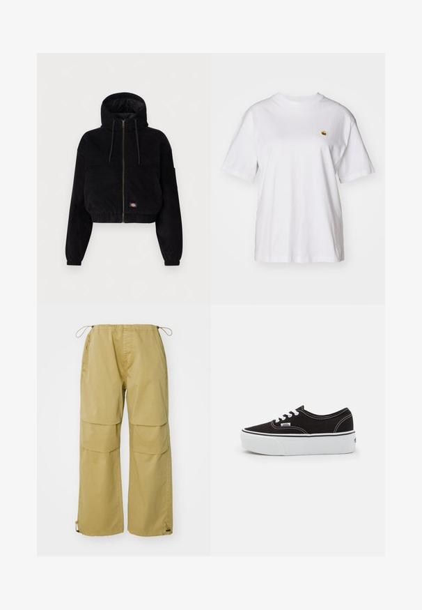 Schwarze, cropped Jacke aus Cordstoff, mit Kapuze, durchgehendem Reißverschluss und elastischen Bündchen. Beinhaltet ein gesticktes Logodetail.; Weißes Baumwoll-T-Shirt mit lockerem Schnitt, kurzen Ärmeln und einem kleinen gestickten Logo auf der linken Brustseite.; Cargo-Hosen in Khaki, mit weitem Bein, elastischem Bund, vorderen Taschen und verstellbaren Kordelzug-Bündchen. Aus leichtem Stoff gefertigt.; Schwarze Leinensneaker mit einer weißen Gummiplattformsohle, weißen Schnürsenkeln und Nähten, ikonischer Markenaufdruck an der Seite, im Low-Top-Design.