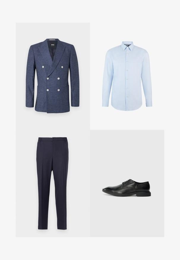 Marineblauer Doppelreiher-Blazer mit sechs weißen Knöpfen, Revers mit Einfassung, Vordertaschen und BOSS Markenetikett innen am Kragen.; Helles blaues Hemd mit Knöpfen, aus einem Stoff mit subtiler Textur. Verfügt über lange Ärmel, einen spitzen Kragen und weiße Knöpfe entlang der Vorderseite.; Navyblaue Hose mit flacher Front, elastischem Bund und Knopfverschluss. Gerader Schnitt und glatte Textur, geeignet für formelle oder legere Anlässe.; Schwarze Lederdressschuhe mit glatter Textur, spitzer Zehenform, sechs Ösen-Schnürdesign und niedrigem rechteckigem Absatz. Dezentes Branding-Detail an der Seite.