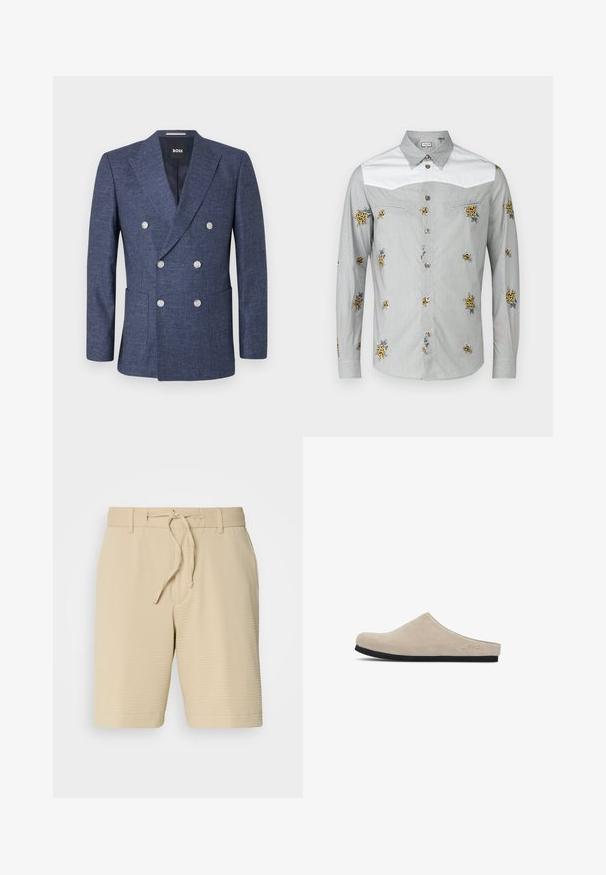 Marineblauer Doppelreiher-Blazer mit sechs weißen Knöpfen, Revers mit Einfassung, Vordertaschen und BOSS Markenetikett innen am Kragen.; Langarmhemd in Hellgrau mit weißer Passe, featuring gelben Blumenstickereien und silbernen Knöpfen. Weicher Stoff mit glatter Textur.; Beige Shorts aus strukturiertem Stoff, mit einem elastischen Bund und einer Kordelzug sowie seitlichen Taschen für Funktionalität.; Beiger Wildleder-Slipper mit niedrigem Profil und schwarzer Gummisohle. Verfügt über eine glatte Textur und minimale Nähte für ein sauberes Design.