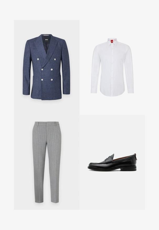 Marineblauwe dubbelgeknoopte blazer met zes witte knopen, inkeping revers, voorzakken en BOSS merklabel binnen de kraag.; Witte langemouwen blouse met een geknoopt kraagje, voorzien van een knoopsluiting aan de voorkant en zachte, gladde stof. Geen patronen of accenten zichtbaar.; Grijze pantalon met krijtstreep, een elegante pasvorm, een vlak voorkant en zijzakken. Gemaakt van een gladde stof met een subtiele glans.; Zwarte leren herensloffen met moc toe stiksel, pennyriem, gestructureerde kraag en lage gestapelde hak op witte achtergrond.