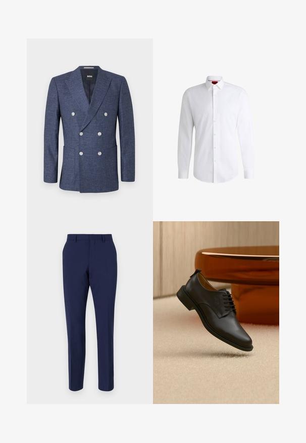 Marineblauer Doppelreiher-Blazer mit sechs weißen Knöpfen, Revers mit Einfassung, Vordertaschen und BOSS Markenetikett innen am Kragen.; Weißes Herrenhemd aus glattem Stoff mit klassischem Kragen, langen Ärmeln und abgerundetem Saum. Mit eleganten beigen Knöpfen an der Vorderseite.; Marineblau maßgeschneiderte Hose aus glattem Stoff, mit schmaler Passform, flacher Vorderseite und einem Standardbund mit Gürtelschlaufen.; Schwarzer Herrenschuh aus Leder mit Schnürung, schwebt über einem beigen Teppich, im Hintergrund ein brauner runder Kaffeetisch.