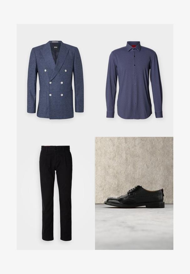 Marineblauwe dubbelgeknoopte blazer met zes witte knopen, inkeping revers, voorzakken en BOSS merklabel binnen de kraag.; Marineblauw overhemd met lange mouwen en knoopsluiting, voorzien van een klein wit ruitpatroon, zachte stof, knoopmanchetten en klassieke kraag.; Zwarte katoenen chino's met een rechte pijp, voorzien van een platte voorkant, riemlussen en een enkele knoopsluiting. Soepele textuur zonder zichtbare patronen.; Zwarte leren brogueschoen met vleugelvormig ontwerp zwevend boven een beige tapijt nabij een gebogen oranje meubel.