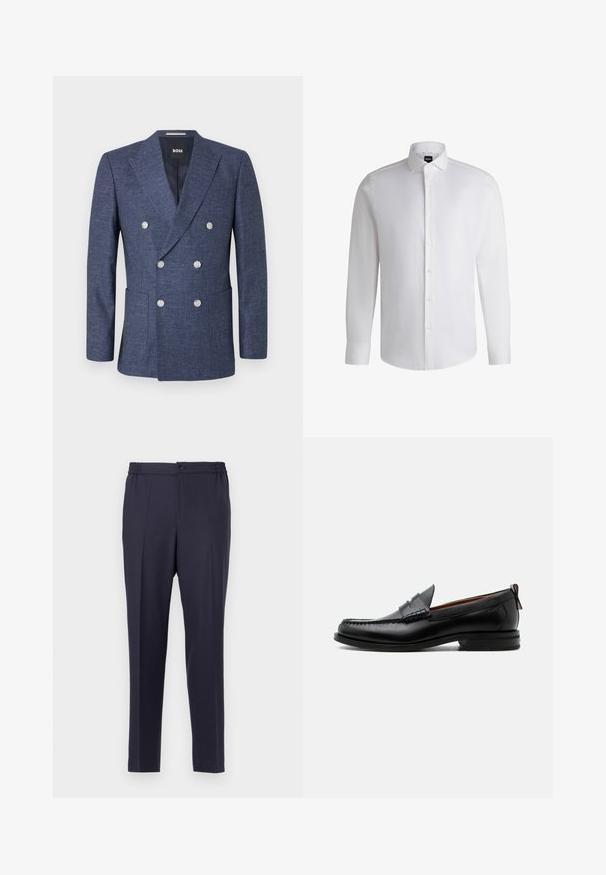 Marineblauer Doppelreiher-Blazer mit sechs weißen Knöpfen, Revers mit Einfassung, Vordertaschen und BOSS Markenetikett innen am Kragen.; Weißes Langarmhemd aus glattem Baumwollstoff, mit klassischem Kragen, durchgehender Knopfleiste und geknöpften Manschetten. Minimalistisches Design.; Navyblaue Hose mit flacher Front, elastischem Bund und Knopfverschluss. Gerader Schnitt und glatte Textur, geeignet für formelle oder legere Anlässe.; Schwarzer Leder-Herrenschuh mit Mokassinnaht, Penny-Riemen, strukturiertem Kragen und niedrigem gestapeltem Absatz auf weißem Hintergrund.