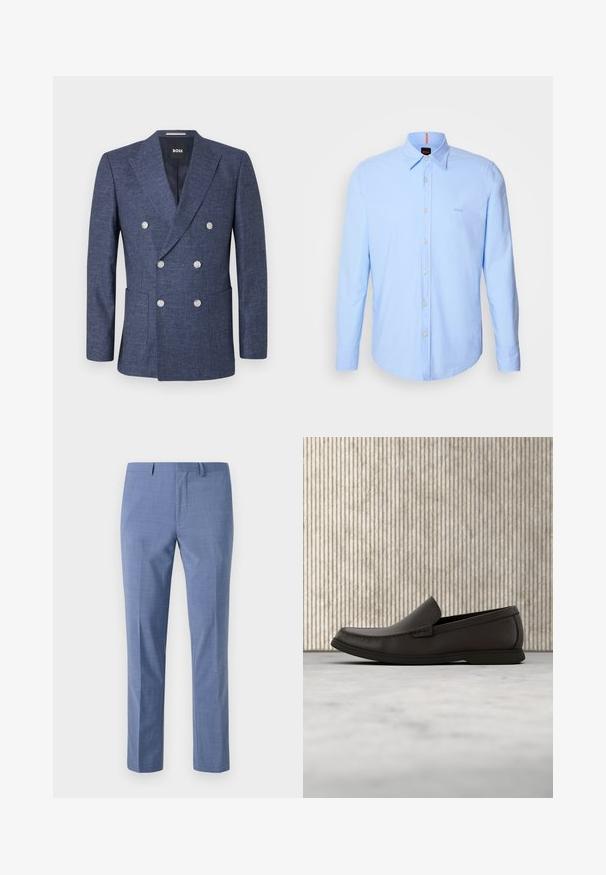 Marineblauer Doppelreiher-Blazer mit sechs weißen Knöpfen, Revers mit Einfassung, Vordertaschen und BOSS Markenetikett innen am Kragen.; Helles blaues Langarmhemd aus Baumwolle, mit einem Button-Down-Kragen, Knopfleiste und dezentem Logo-Stick auf der Brust.; Hellblaue Anzughose, taillierte Passform, strukturierter Stoff, flacher Vorderteil, schräge Seitentaschen und ein glatter Bund mit Gürtelschlaufen.; Dunkelbraune Lederloafer mit einer runden Zehenpartie, dezenten Nähdetails und einer niedrigen Gummisohle. Glatte Textur mit flexibler Passform.