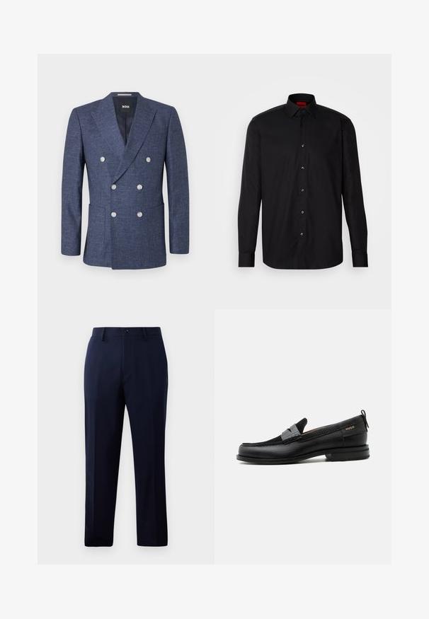 Mørkeblå dobbeltradet blazer med seks hvide knapper, notch revers, forlommer og BOSS mærke inde i kraven.; Sort langermet skjorte lavet af glat stof, med en klassisk krave, knaplukning foran og skræddersyet pasform.; Marinebukser lavet af glat stof, der har et klassisk lige ben-design, forlommer og en knaplukning i livet.; Sort læderloafer med grå remdetalje, lav hæl og tekstureret sål, mærket med "HUGO" i guld på siden.
