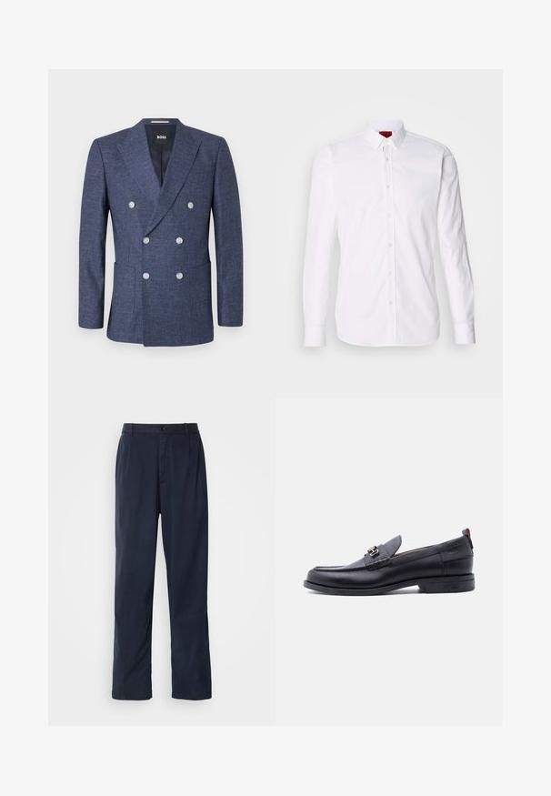 Mørkeblå dobbeltradet blazer med seks hvide knapper, notch revers, forlommer og BOSS mærke inde i kraven.; Hvid skjorte med lange ærmer, knap-front og klassisk krave, fremstillet i en blød bomulds kvalitet.; Mørkeblå bukser lavet af en bomuldsblanding. Har et lige ben design, en frontknaplukning og diskrete plisser. Glat tekstur.; Sort lædermokasin med grå tekstureret forfod, sølvfarvet metalspænde, lav hæl og trækflap bagpå.