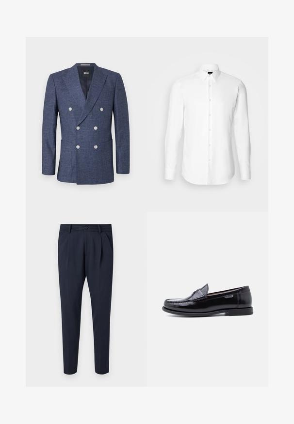 Mørkeblå dobbeltradet blazer med seks hvide knapper, notch revers, forlommer og BOSS mærke inde i kraven.; Hvid skjorte med lange ærmer, knaplukning foran, klassisk krave, lavet af glat stof med en subtil tekstur, designet til et tætsiddende udseende.; Marinebukser lavet af glat stof, med pile, lynlås- og knaplukning, sidelommer og en tætsiddende ben-design.; Sorte læderloafer med en blank finish, der har et syet mønster på tåen og en lav, tekstureret sort gummisål.