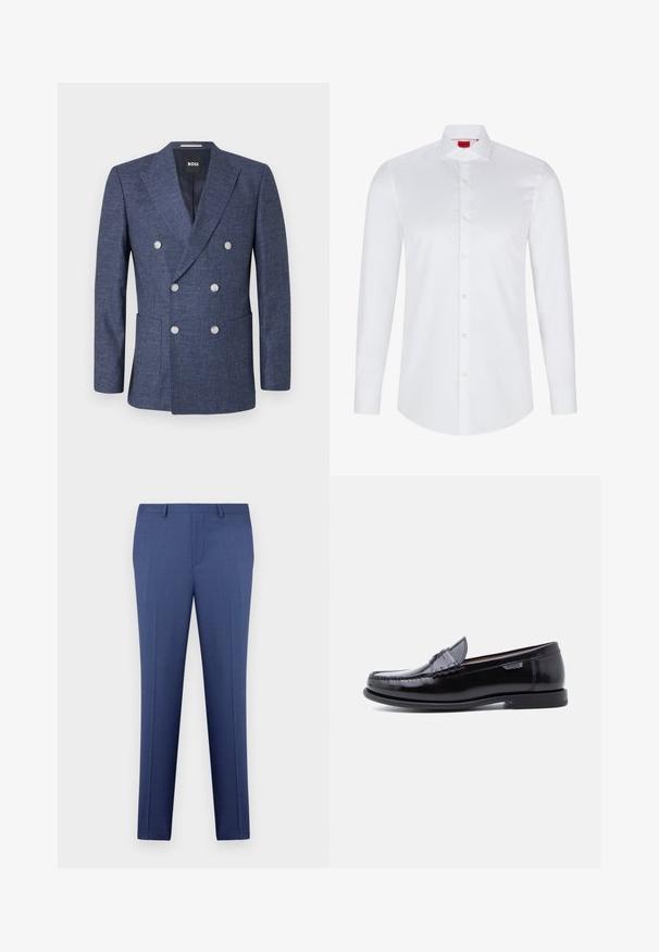 Tumesinine kaheksa nööbiga kahepoolne bleiser, kuus valget nööpi, sälguga krae, eesmisel taskud ja BOSS kaubamärgi silt krae sees.; Valge pika varrukaga nööbiga shirts, mis on valmistatud siledast puuvillast. Sellel on klassikaline krae, täisnööbiplokk ja ümar hem.; Sinised meesteri kohandatud ülikonna püksid, millel on vöökohad, eesmine lukku ja voldid, esitatud valge taustaga.; Mustad nahast mokassiinid läikiva viimistlusega, millel on varbale õmmeldud muster ja madal, tekstuuriga must kummist tallaosa.