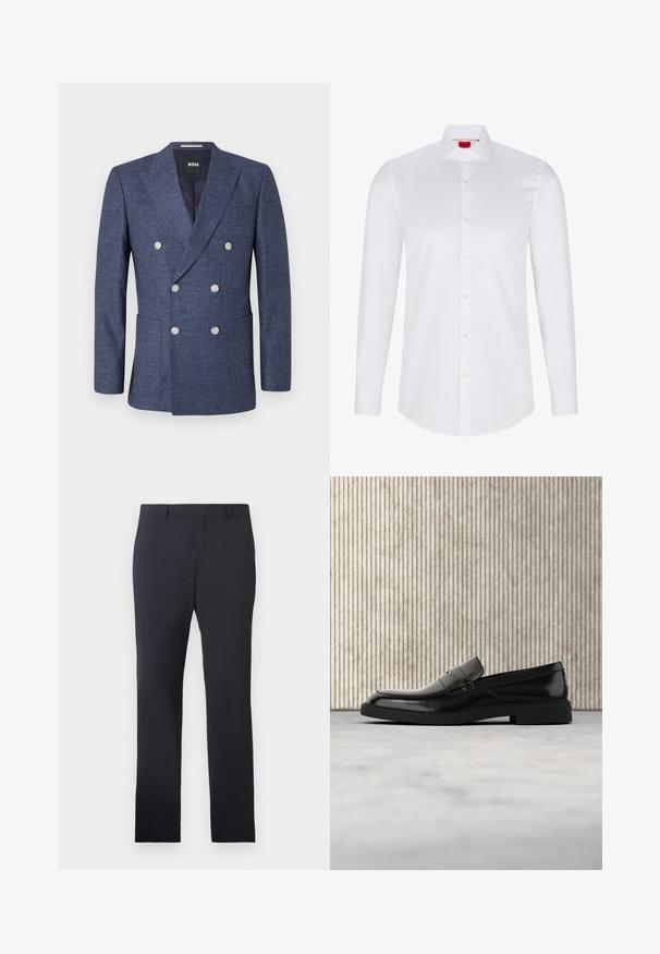 Marineblauer Doppelreiher-Blazer mit sechs weißen Knöpfen, Revers mit Einfassung, Vordertaschen und BOSS Markenetikett innen am Kragen.; Weißes langärmliges Hemd mit Knopfleiste, hergestellt aus glattem Baumwollstoff. Verfügt über einen klassischen Kragen, eine durchgehende Knopfleiste und einen abgerundeten Saum.; Marineblaue formelle Hose aus glattem Stoff. Sie verfügt über einen flachen Bund, Gürtelschlaufen und Seitentaschen, mit einer taillierten Schnittform, die gerade Beine bietet.; Schwarzer, polierter Lederloafer, der über einem beigen Teppich schwebt, mit orangener, durchscheinender Möbel im Hintergrund.