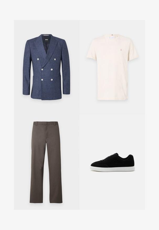 Mørkeblå dobbeltradet blazer med seks hvide knapper, notch revers, forlommer og BOSS mærke inde i kraven.; Cremefarvet bomulds t-shirt, rund hals, korte ærmer, med et lille orange "II" logo på brystet og en flerfarvet stribe ved kraven.; Brune bomuldsbukser med et design i lige ben, der har bæltestropper og en glat tekstur. Ingen synlige mønstre eller hardware-detaljer.; Sort lavtop sneaker med snørelukning foran, diskret "ck" logo på siden og tyk hvid gummisål på ensformet lys baggrund.