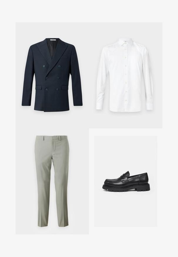 Marineblauer doppelreihiger Blazer aus strukturiertem Stoff, mit breiten Revers, vier blauen Knöpfen und zwei vorderen Taschen mit einem dezenten Karomuster.; Weißes Langarmshirt aus glattem Stoff, mit klassischem Kragen, Knopfleiste und geknöpften Manschetten. Einfaches, sauberes Design.; Hellgraue Hose mit taillierter Passform, aus glattem Stoff, mit geraden Beinen und einem schlichten Bund ohne sichtbare Beschläge.; Schwarzer Lederloafer mit dicker, profilierter Sohle und Pennyriemen-Detail, von der rechten Seitenansicht auf weißem Hintergrund gezeigt.