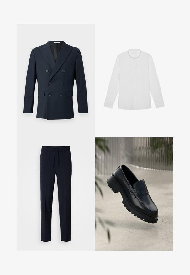 Marineblauer doppelreihiger Blazer aus strukturiertem Stoff, mit breiten Revers, vier blauen Knöpfen und zwei vorderen Taschen mit einem dezenten Karomuster.; Weißes Langarm-Hemd mit Knopfleiste, Mandarinkragen und einer einzelnen Brusttasche, flach auf einem schlichten Hintergrund ausgebreitet.; Marineblaue, leichte Hose mit einem elastischen Bund und verstellbarem Kordelzug, ausgestattet mit einem geraden Schnitt und glatter Textur.; Schwarze Lederloafer mit einer robusten profilierten Sohle, ausgestattet mit einem dekorativen Riemen und einer Stichdetail. Glatte Textur mit einem polierten Finish.