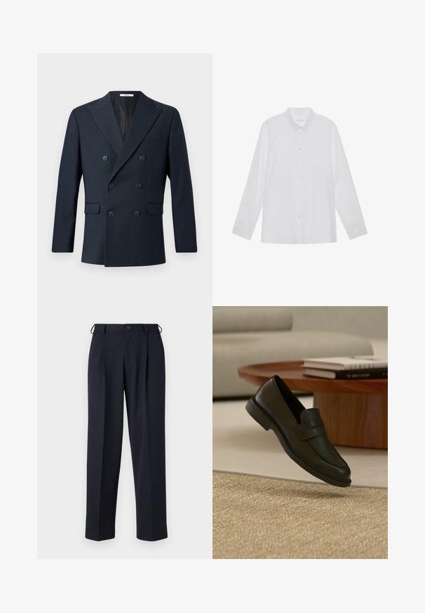 Marineblauer doppelreihiger Blazer aus strukturiertem Stoff, mit breiten Revers, vier blauen Knöpfen und zwei vorderen Taschen mit einem dezenten Karomuster.; Weiße Langarmbluse aus glattem Stoff, mit spitzem Kragen, Knopfleiste vorne und Ein-Knopf-Manschetten.; Marineblaue, maßgeschneiderte Hose mit Knopf- und Reißverschluss vorne, Gürtelschlaufen und Seitentaschen, gezeigt auf weißem Hintergrund.; Schwarzer Lederloafer-Schuh schwebt über einem beige gewebten Teppich, mit einem Holztisch und gestapelten Büchern in einem sanft beleuchteten Wohnzimmer.
