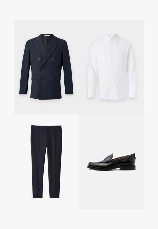 Marineblauer doppelreihiger Blazer aus strukturiertem Stoff, mit breiten Revers, vier blauen Knöpfen und zwei vorderen Taschen mit einem dezenten Karomuster.; Weißes langärmliges Hemd mit Knöpfen, spitzem Kragen, Frontknöpfen und einem dezenten gestickten Logo auf der linken Brust.; Marineblaue, schlank geschnittene formelle Hose mit Gürtelschlaufen und Seitentaschen, mit Bügelfalte vorne, geeignet für Business- oder formelle Anlässe.; Schwarzer Leder-Herrenschuh mit Mokassinnaht, Penny-Riemen, strukturiertem Kragen und niedrigem gestapeltem Absatz auf weißem Hintergrund.