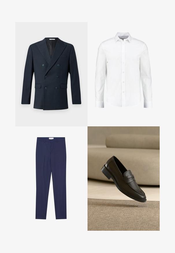 Blazer navy à double boutonnage en tissu texturé, avec un large col, quatre boutons bleus et deux poches avant avec un motif à carreaux discret.; Chemise blanche à manches longues à boutons, fabriquée en coton lisse. Dotée d'un col classique et d'une fermeture à boutons à l'avant avec un ourlet droit.; Pantalons de costume navy en tissu lisse, dotés d'un devant plat, de deux poches latérales, d'une fermeture éclair et d'un ourlet net sans motifs ni accents.; Chaussure loafer en cuir noir reposant sur un tapis beige avec un canapé beige courbé en arrière-plan.