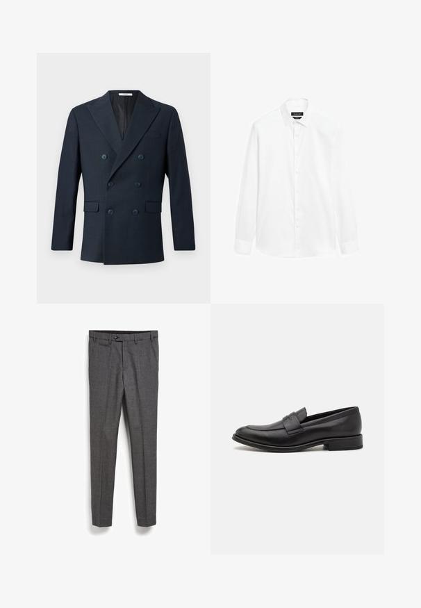 Marineblauwe dubbele blazer van geweven stof, met brede revers, vier blauwe knopen en twee opgestikte zakken met een subtiel ruitpatroon.; Witte overhemd met een button-down kraag, lange mouwen en een knoopsluiting aan de voorkant. De stof lijkt soepel met een lichte glans.; Grijze op maat gemaakte broek met een gestructureerde stof, zijzak en een rechte pijpdesign. Voorzien van een knoopsluiting in de taille.; Zwarte leren loafers met een gladde afwerking, een decoratieve band over de bovenkant, een ronde neus en een lage gestapelde hak.
