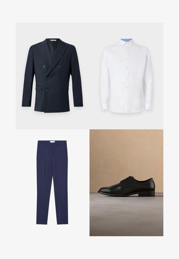 Marineblauer doppelreihiger Blazer aus strukturiertem Stoff, mit breiten Revers, vier blauen Knöpfen und zwei vorderen Taschen mit einem dezenten Karomuster.; Weißes Langarmhemd mit Knopfleiste, das ein hellblaues kariertes Muster innen am Kragen und an den Manschetten aufweist. Glatte Stoffoberfläche.; Marineblau Anzughose aus glattem Stoff, mit geradem Bund, zwei Seiten- und einem Reißverschluss, sowie einem schlichten Saum ohne Muster oder Akzente.; Schwarzer Lederschuh schwebt über einem beigen gewebten Teppich, im Hintergrund unscharf ein runder Couchtisch aus Holz und gestapelte Bücher.
