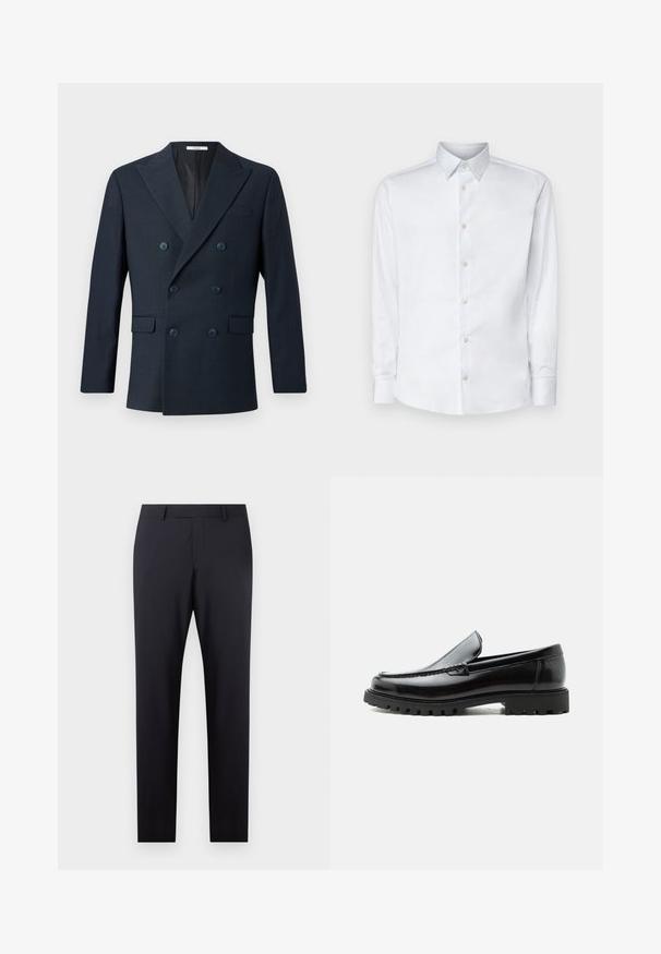 Marineblå dobbeltbrystet blazer i tekstureret stof med brede revers, fire blå knapper og to frontlommer med et subtilt ternet mønster.; Hvid langærmet skjorte lavet af glat stof, med en klassisk krave, knaplukning og manchetter med knapper, vist på en ensfarvet baggrund.; Mørkeblå skræddersyede bukser med flad front, slim fit, sidelommer og en glat tekstur; ingen synlige mønstre eller dekorative elementer.; Sort læderloafer med chunky gummisål, syet overdel og præget mærkenavn på hælen, vist i sideprofil på hvid baggrund.
