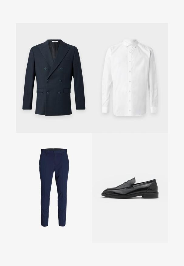 Marineblauwe dubbele blazer van geweven stof, met brede revers, vier blauwe knopen en twee opgestikte zakken met een subtiel ruitpatroon.; Witte langslijfknopshirt met een klassieke kraag, een voorpand met knopen en een gladde katoenstructuur.; Marineblauwe broek met slim fit, gemaakt van een gladde stof, met plooien aan de voorkant en een platte tailleband. Geen zichtbare hardware of patronen.; Zwarte leren instappers met een gladde afwerking, voorzien van een ronde neus en een smalle band over de bovenkant. Lage gestapelde hak.