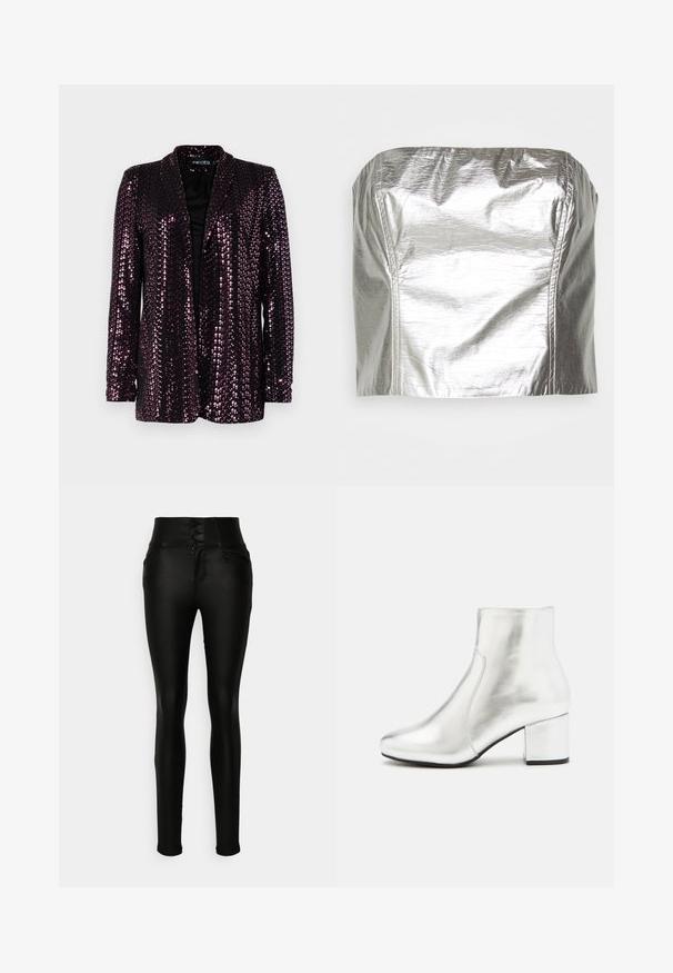 Blazer pailleté en violet foncé avec une doublure noire. Présente un col cranté et des manches longues, mettant en valeur une surface brillante et texturée.; Gina Tricot TUBE - Débardeur - silver-coloured; Vero Moda Tall VMDONNA SKINNY PANTS - Jeans Skinny - black; Bottine argentée en cuir brillant, avec un bout arrondi et un talon carré. Texture lisse avec des détails de coutures minimaux.
