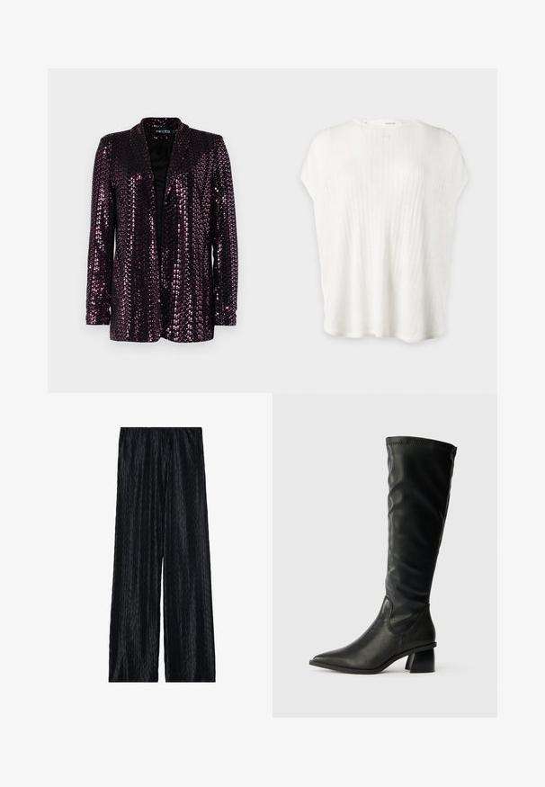 Blazer pailleté en violet foncé avec une doublure noire. Présente un col cranté et des manches longues, mettant en valeur une surface brillante et texturée.; Haut en maille côtelée blanche à manches courtes avec col rond et coupe ample.; Pantalons wide-leg plissés noirs en matière texturée avec un motif zébré vertical et une taille élastique pour un ajustement confortable.; Botte noire en cuir montant jusqu'au genou avec un bout pointu, une tige texturée et un talon épais. Équipée de côtés en élasthanne pour un enfilage facile.
