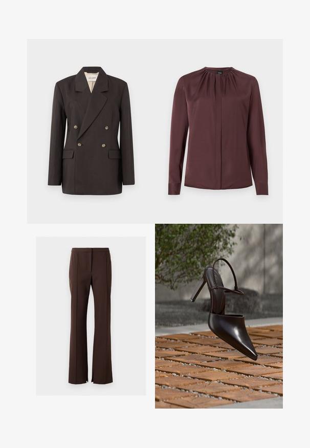 Dunkelbrauner, doppelt geknöpfter Blazer mit gezackten Revers, zwei Vordertaschen und hellfarbiger Fütterung. Hergestellt aus einem glatten, strukturierten Stoff.; Dunkelbraune Bluse mit langen Ärmeln, gerafftem Ausschnitt und verdeckter Knopfleiste, aus glattem Stoff.; Braune, maßgeschneiderte Hosen mit geradem Bein, die vorne Falten und seitliche Schlitze am Saum für zusätzlichen Bewegungsspielraum und Stil aufweisen.; Glänzender schwarzer Mule mit hohem Absatz, spitzer Zehenpartie und Knöchelriemen, schwebend über einer Oberfläche aus terrakottafarbenen Fliesen mit Kieslücken.