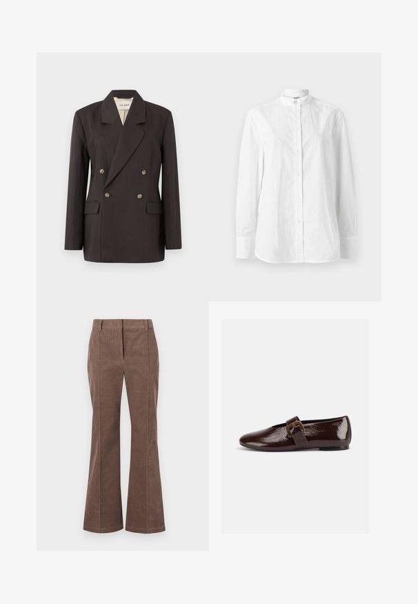 Blazer double boutonné marron foncé avec des revers en pointe, deux poches avant et une doublure claire. Confectionné dans un tissu lisse et structuré.; Chemise blanche à manches longues avec col montant, présentant une texture lisse et une patte subtile avec des boutons circulaires.; Pantalons en velours côtelé marron à jambes droites avec un pli devant et passants de ceinture, présentés sur un fond blanc.; Chaussure plate en cuir verni marron foncé avec une large bride à boucle dorée et un bout arrondi, présentée de profil sur fond blanc.