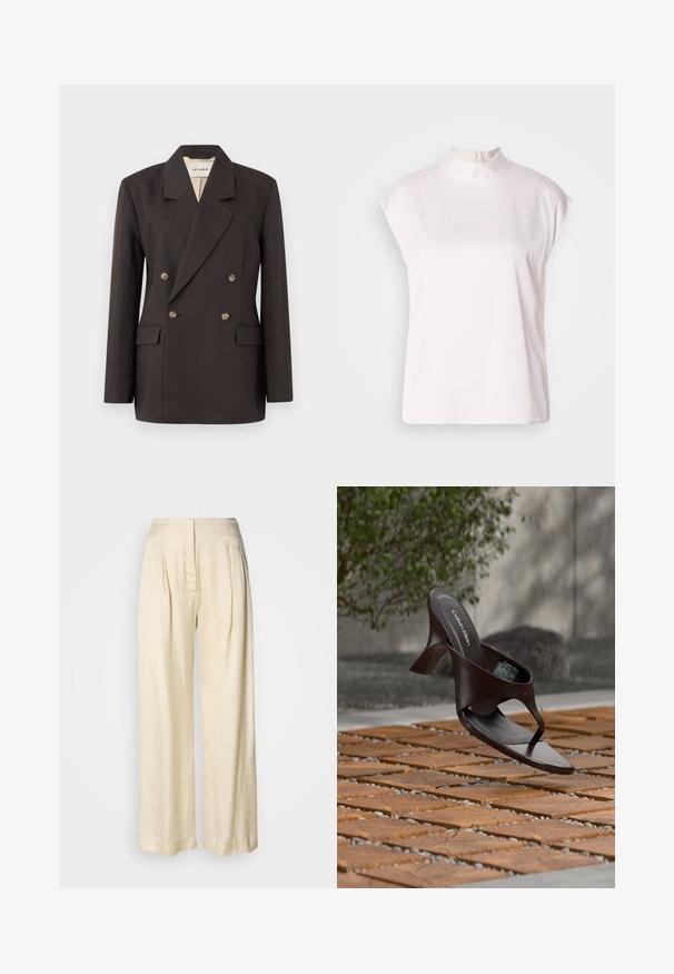 Donkerbruin dubbelzijdig colbert met ingesneden revers, twee voorzakken en een lichte voering. Gemaakt van een gladde, gestucteerde stof.; Witte mouwloze blouse met een hoge halslijn en een rits aan de achterkant, gemaakt van zachte, gladde stof en met een relaxte pasvorm. Geen patronen of accenten.; Crèmekleurige zijden broek met hoge taille, plooien, brede pijpen en een verborgen rits aan de voorkant, afgebeeld tegen een effen witte achtergrond.; Bruine Calvin Klein teenslipper met hak, hangend boven houten tegels en grind op een buitenvloer met een vage achtergrond van groen en stenen.