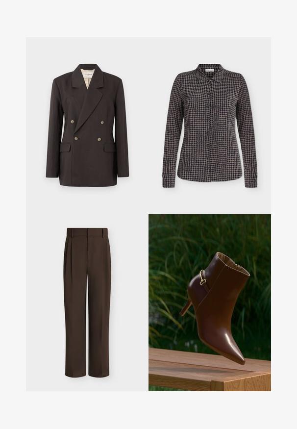 Dunkelbrauner, doppelt geknöpfter Blazer mit gezackten Revers, zwei Vordertaschen und hellfarbiger Fütterung. Hergestellt aus einem glatten, strukturierten Stoff.; Langärmliges Hemd mit Knopfleiste, schwarzem und grauem Polka-Dot-Muster und spitzem Kragen, auf weißem Hintergrund dargestellt.; Gerade geschnittene dunkelbraune formelle Hose mit Gürtelschlaufen und Vorderfalten, auf einfachem hellem Hintergrund dargestellt.; Brauner Leder-Stiefel mit spitzer Zehenpartie und goldener Schnalle, platziert auf einer Holzfläche mit grünen Pflanzen im Hintergrund.