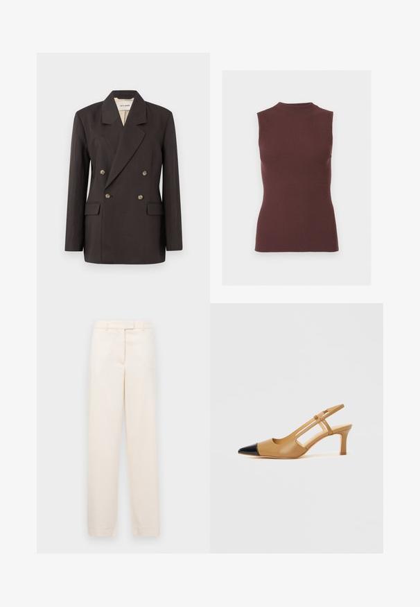 Blazer double boutonné marron foncé avec des revers en pointe, deux poches avant et une doublure claire. Confectionné dans un tissu lisse et structuré.; Top sans manches en maille côtelée marron foncé avec col montant et silhouette ajustée.; Pantalon beige à jambe droite, fabriqué dans un tissu lisse. Doté d'une taille avec passants de ceinture et d'une fermeture éclair à l'avant.; Escarpins slingback couleur fauve avec embout pointu noir, côtés découpés et talon bloc de hauteur moyenne. Matière en cuir lisse.