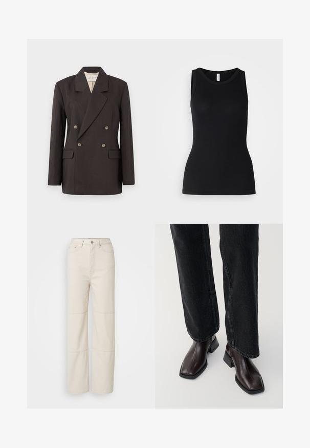 Blazer double boutonné marron foncé avec des revers en pointe, deux poches avant et une doublure claire. Confectionné dans un tissu lisse et structuré.; Débardeur noir sans manches en tissu côtelé, avec un col rond et une coupe ajustée, à la texture douce et sans motifs.; Jean large beige clair en coton. Présente une taille haute, une fermeture à bouton à l'avant et deux accents de couture horizontaux sur les jambes.; Bottines en cuir marron avec un orteil carré et un talon carré, associées à un jeans noir à jambes larges. Texture lisse et design minimaliste.