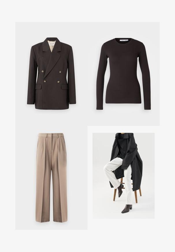 Dunkelbrauner, doppelt geknöpfter Blazer mit gezackten Revers, zwei Vordertaschen und hellfarbiger Fütterung. Hergestellt aus einem glatten, strukturierten Stoff.; Langärmliges schwarzes Oberteil aus weichem, elastischem Stoff. Verfügt über einen runden Halsauschnitt und eine schmale Passform mit glatter Textur und ohne sichtbare Muster.; Beige Hosen mit hoher Taille, zwei Vorderfalten und weitem Bein. Aus glattem Stoff mit sauberem Finish und ohne sichtbare Hardware.; Schwarzer, oversized Trenchcoat über einem schwarzen Top, kombiniert mit weißen Hosen und braunen, spitzen Ankle Boots, auf einem Holzschemel sitzend.