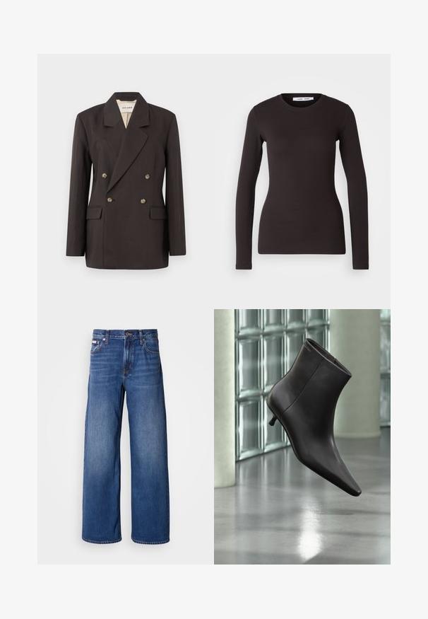 Dunkelbrauner, doppelt geknöpfter Blazer mit gezackten Revers, zwei Vordertaschen und hellfarbiger Fütterung. Hergestellt aus einem glatten, strukturierten Stoff.; Langärmliges schwarzes Oberteil aus weichem, elastischem Stoff. Verfügt über einen runden Halsauschnitt und eine schmale Passform mit glatter Textur und ohne sichtbare Muster.; weit geschnittene Jeans aus dunkelblauem Denim, mit hoher Taille, fünf Taschen und dezenten Ausbleichungen an der Vorderseite für zusätzliche Textur und Details.; Schwarzer Leder-Knöchelstiefel mit spitzer Spitze und kleinem Absatz vor einer Wand aus Glasbausteinen und einem polierten Boden.