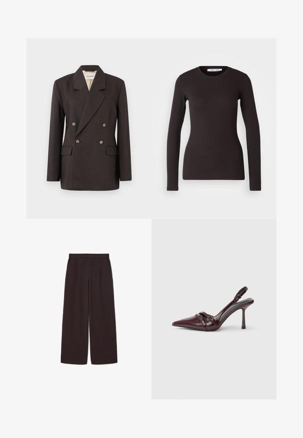 Dunkelbrauner, doppelt geknöpfter Blazer mit gezackten Revers, zwei Vordertaschen und hellfarbiger Fütterung. Hergestellt aus einem glatten, strukturierten Stoff.; Langärmliges schwarzes Oberteil aus weichem, elastischem Stoff. Verfügt über einen runden Halsauschnitt und eine schmale Passform mit glatter Textur und ohne sichtbare Muster.; Dunkelbraune weite Hosen aus leichtem Stoff, mit hoher Taille, Falten und zwei Seitentaschen, sowie einem elastischen Bund.; Bordeauxroter Slingback-Pumps aus Lackleder mit spitz zulaufender Vorderkappe, dünnem Knöchelriemen und kleiner dekorativer Schnalle. Glatte Textur und hoher Absatz.