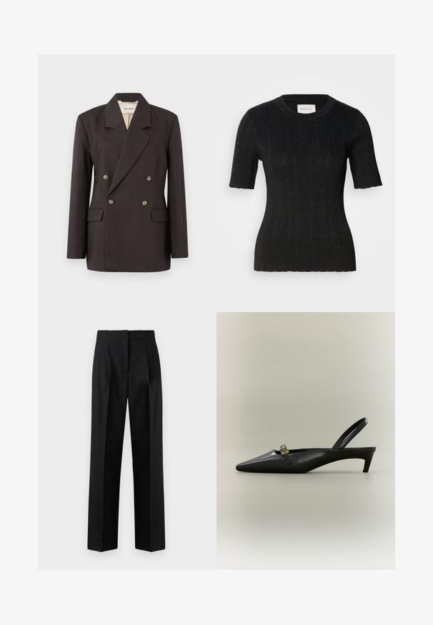 Blazer double boutonné marron foncé avec des revers en pointe, deux poches avant et une doublure claire. Confectionné dans un tissu lisse et structuré.; Haut noir à manches courtes en rib avec un tissu texturé à légère brillance. Présente un col rond et une silhouette ajustée. Étiquette GANT visible.; Pantalon noir en tissu tissé, avec une coupe sur mesure, des plis, une jambe droite et un devant plat. Texture durable et lisse.; Escarpin slingback en cuir noir avec talon kitten, bout pointu et petite boucle dorée sur un fond uni.