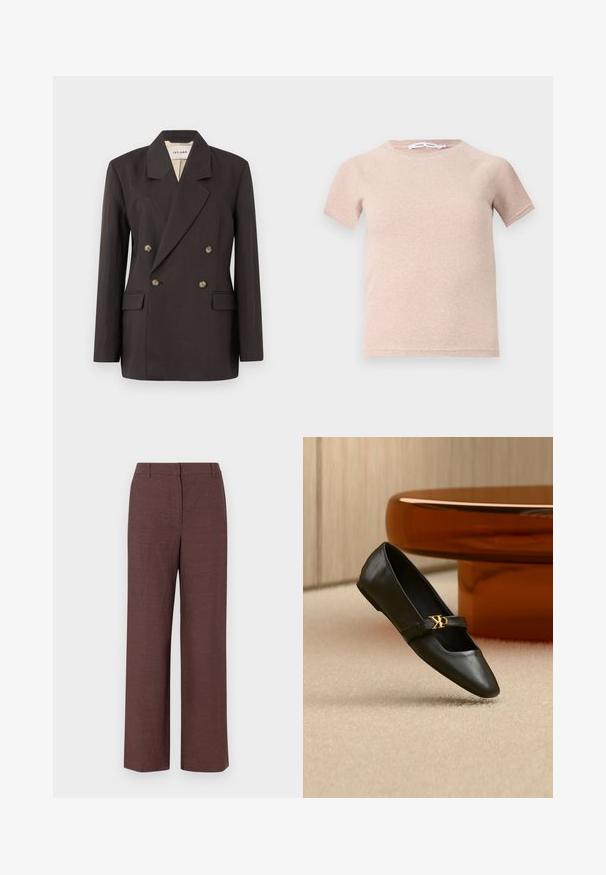 Blazer double boutonné marron foncé avec des revers en pointe, deux poches avant et une doublure claire. Confectionné dans un tissu lisse et structuré.; T-shirt à manches courtes rose clair en tissu côtelé, avec un col rond et une coupe décontractée. Design simple et sans couture.; Pantalons larges marron en tissu texturé avec une finition lisse, présentant un devant plat, des passants de ceinture et des poches latérales.; Chaussure plate en cuir noir avec bout pointu et logo CK doré sur la bride, posée sur un tapis beige près d'une table ronde couleur ambre brun.