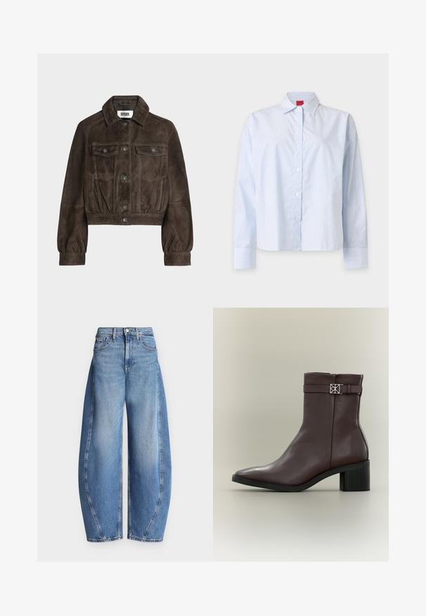 Veste courte en suède marron foncé avec fermeture à boutons, deux poches poitrine à rabat, poignets élastiques et col, étiquette Drykorn.; Chemise à manches longues rayée bleu clair et blanc, avec col et poignets, présentée sur un fond uni.; Jean en denim bleu à jambes larges avec panneaux latéraux contrastants, fermeture par bouton et fermeture éclair devant, et design à cinq poches.; Bottine en cuir marron foncé à talon bloc, bout pointu et bride décorative avec boucle carrée argentée sur fond neutre.